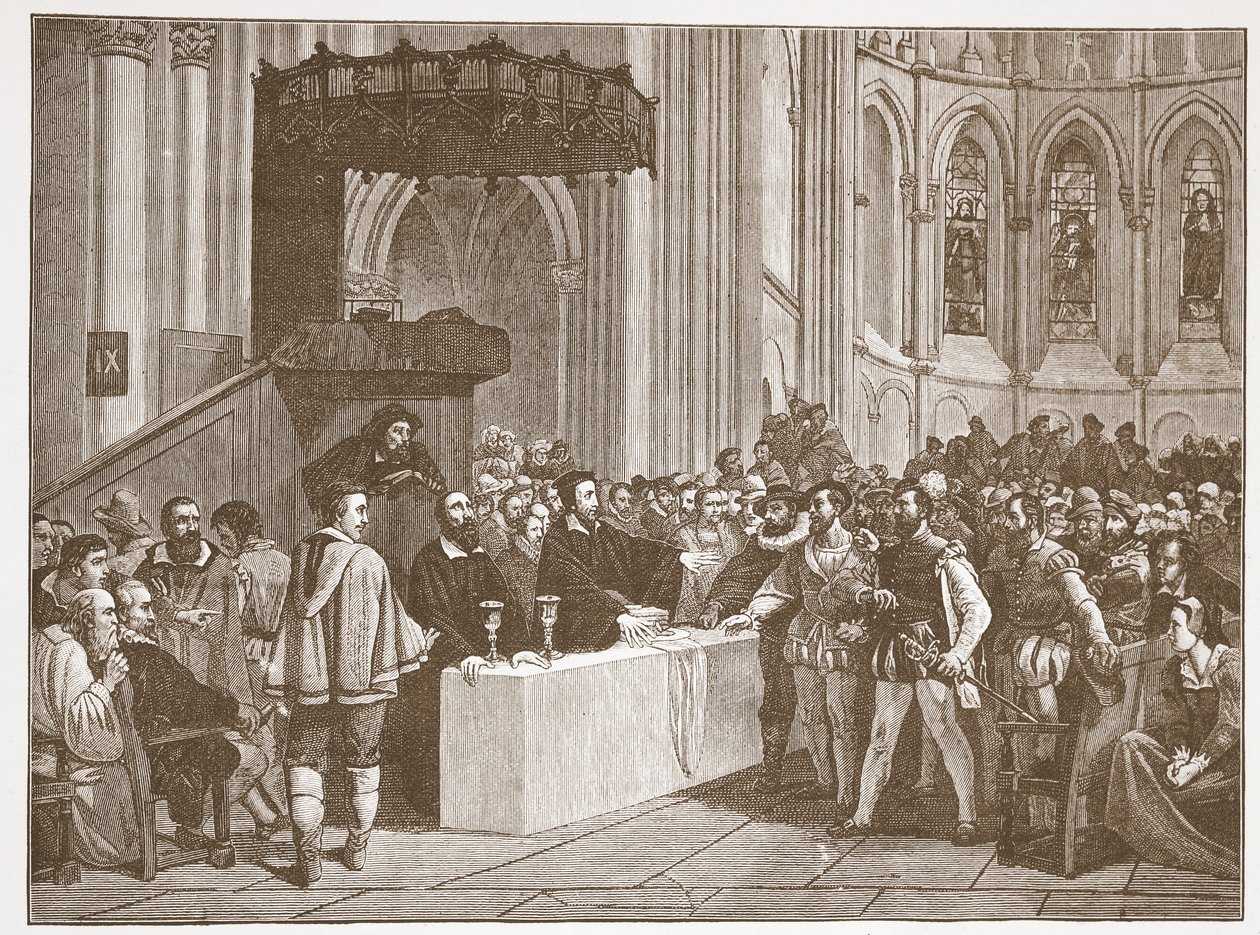 Calvin afviser Lords Supper til Libertines, i St. Peters Cathedral, Geneve, illustration fra The History of Protestantism af James Aitken Wylie (1808-1890), pub. 1878 af English School