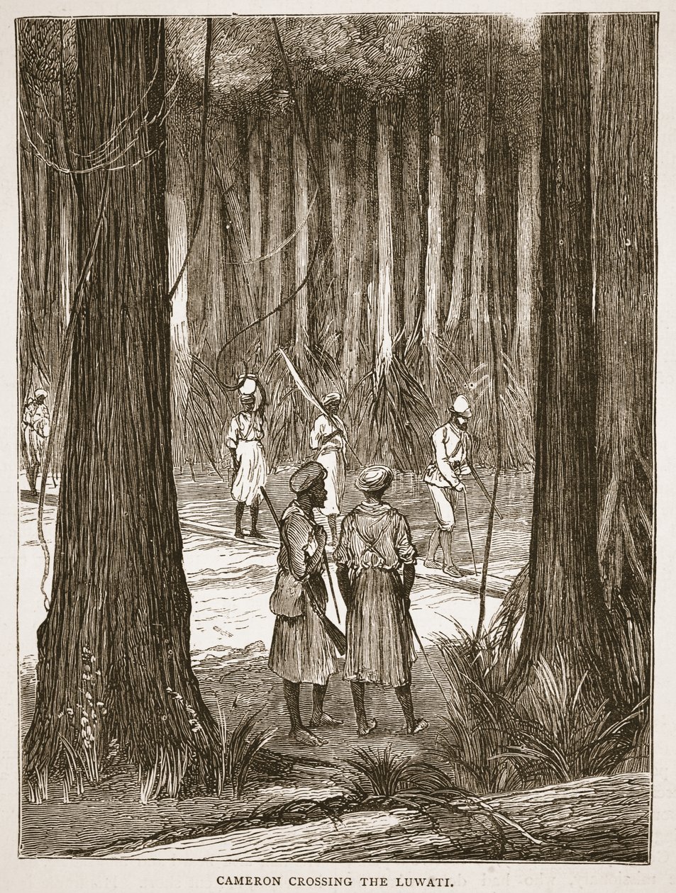 Cameron krydser Luwati, illustration fra The Pictorial Edition of the Life and Discoveries of David Livingstone af J. Ewing Richie, pub. af A. Fullarton & Co., 1876 af English School