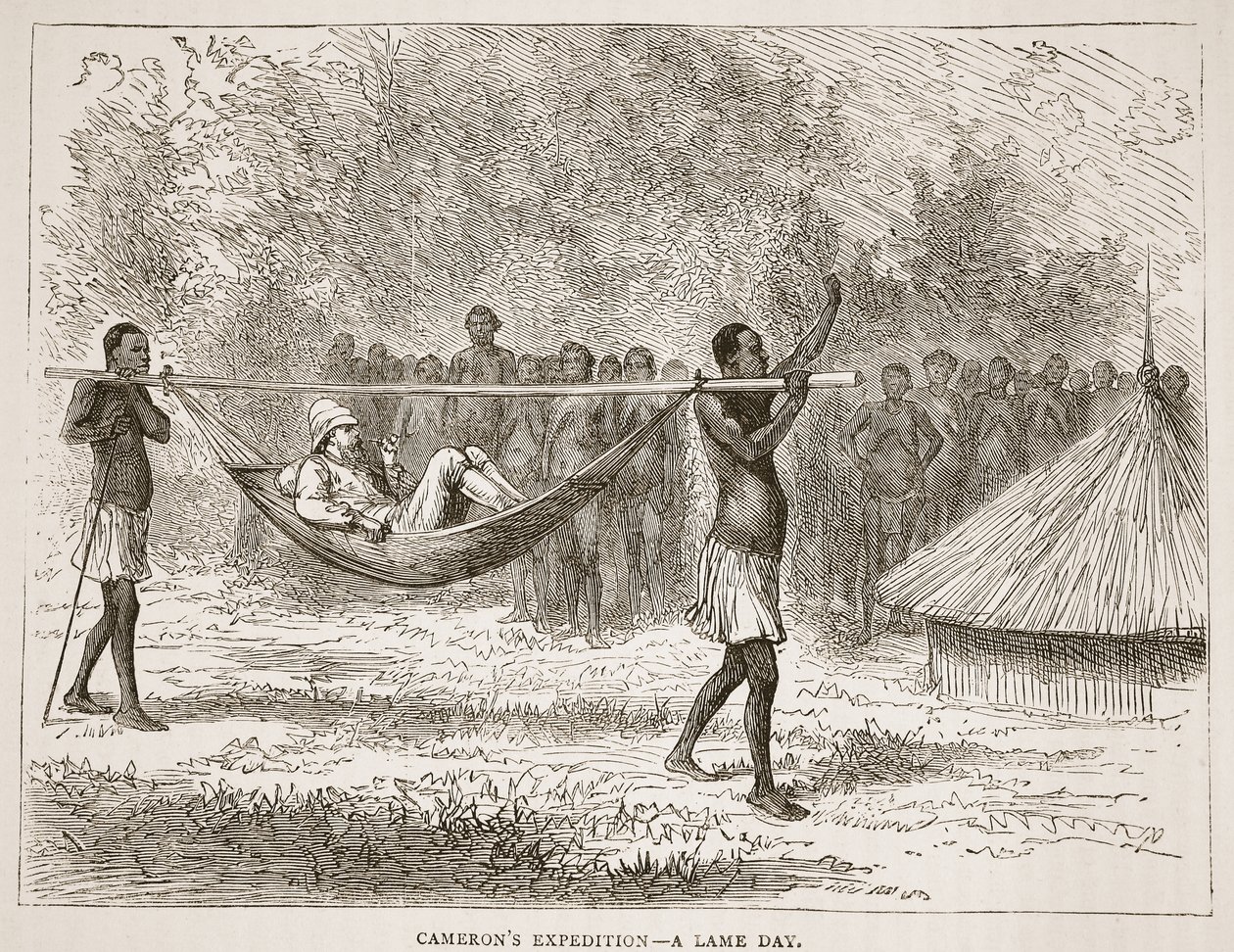 Camerons ekspedition - en halt dag, illustration fra The Pictorial Edition of the Life and Discoveries of David Livingstone af J. Ewing Richie, pub. af A. Fullarton & Co., 1876 af English School