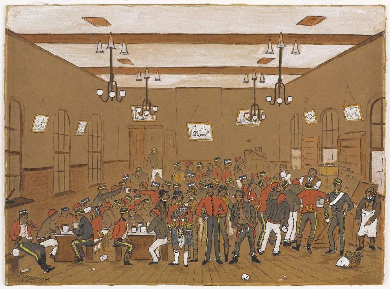 Kantine med mænd fra 7. Dragoon Guards, 3. Husars, Scots Greys og 10. Husars, 1886 (wc på papir) af English School