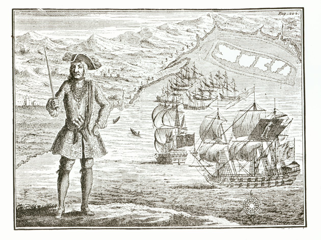 Kaptajn Bartholomew Roberts (1682-1722) med to skibe, Royal Fortune and Ranger sejler i Whydah Road på Guineys kyst, 11. januar 172?, fra A General History of the Robberies og Mu af English School