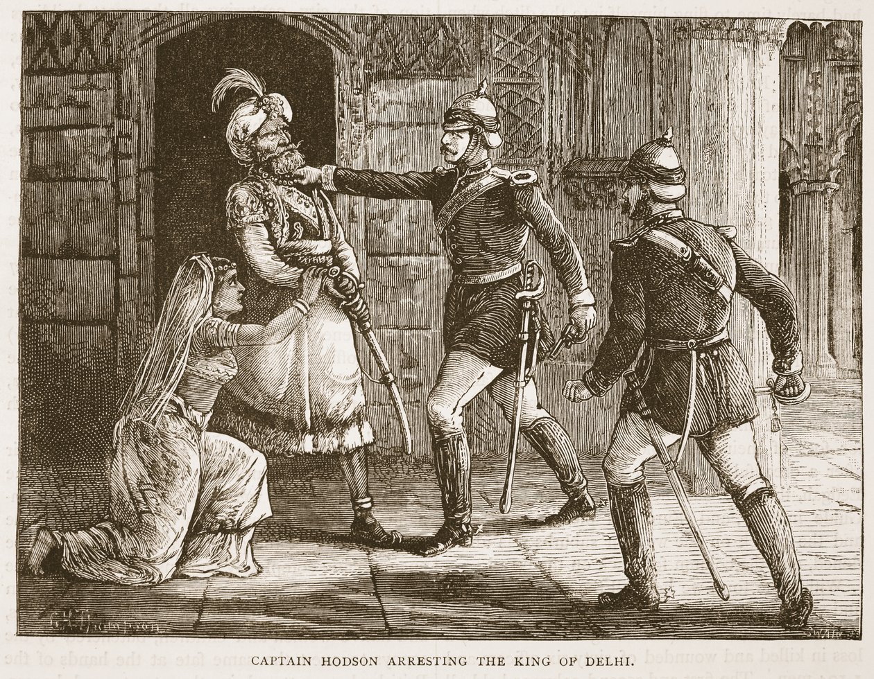 Kaptajn Hodson arresterer kongen af Delhi, illustration fra Cassells Illustrated History of England af English School