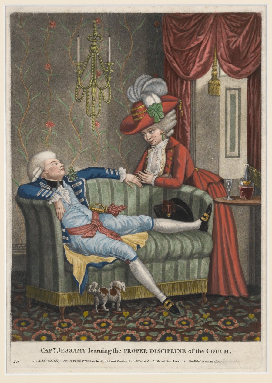 Kaptajn Jessamy lærer sofaens rette disciplin, ca. 1782 (håndfarvet mezzotint) af English School
