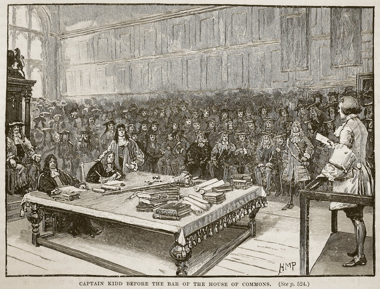 Kaptajn Kidd foran baren i Underhuset, illustration fra Cassells Illustrated History of England (sepiafoto) af English School