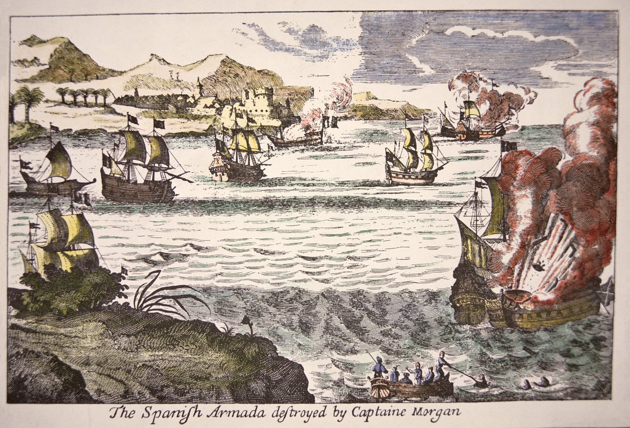 Kaptajn Morgan besejrer spanske krigsskibe, der blokerer mundingen af Maracaibo-søen i 1669 (farvet indgravering) af English School