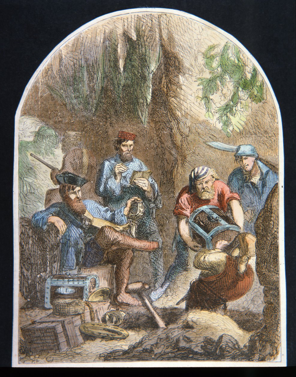 Kaptajn William Kidd skjuler skat i en hule (farve litho) af English School