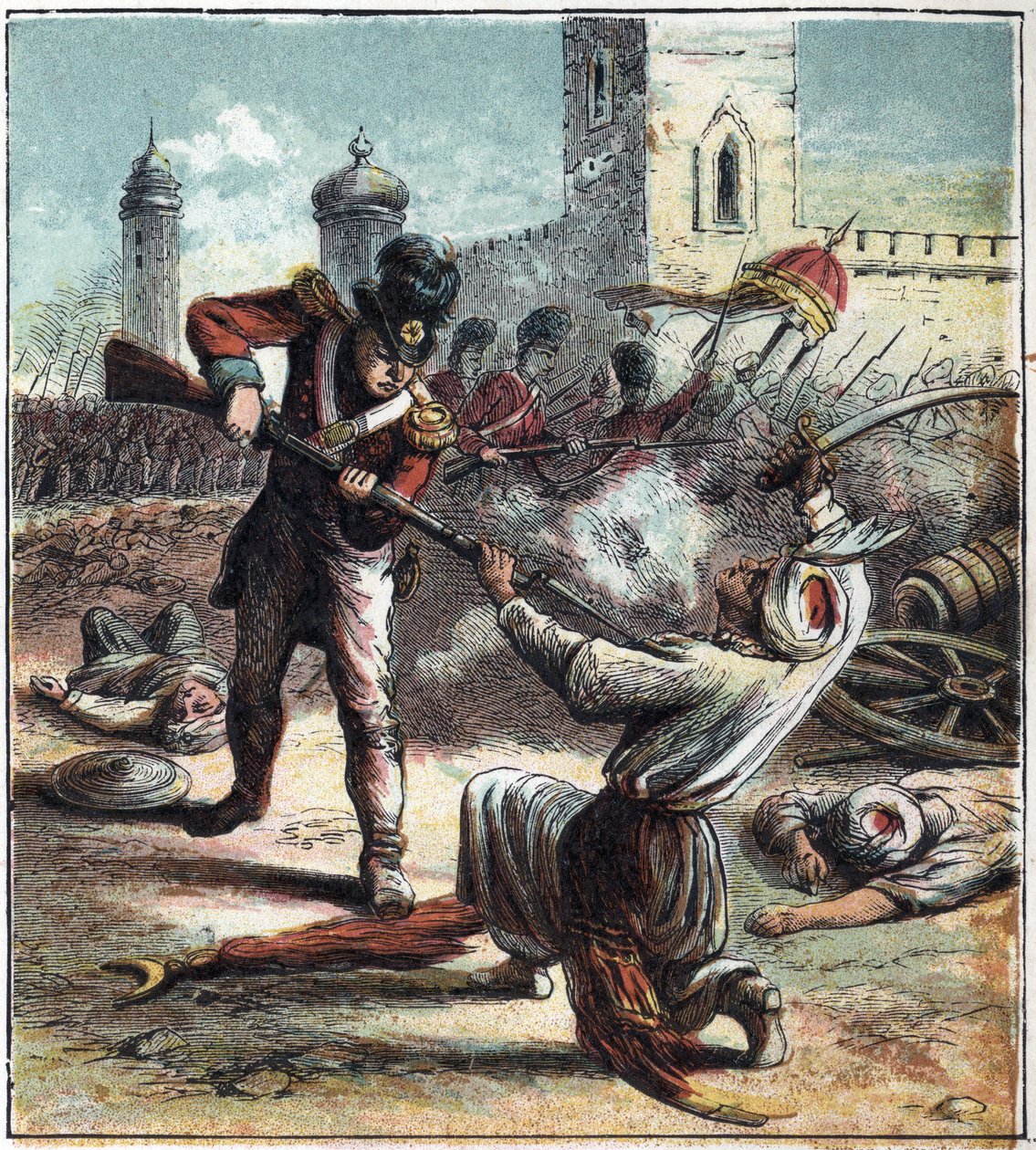 Erobringen af byen Seringapatam (eller Srirangapatna), hovedstaden i Mysore (Maissour) i Indien af den britiske hær under kommando af hertugen Arthur Wellesley af Wellington (1769-1852) i 1799. Denne begivenhed markerede afslutningen på Anglo-Mysore-krigen af English School