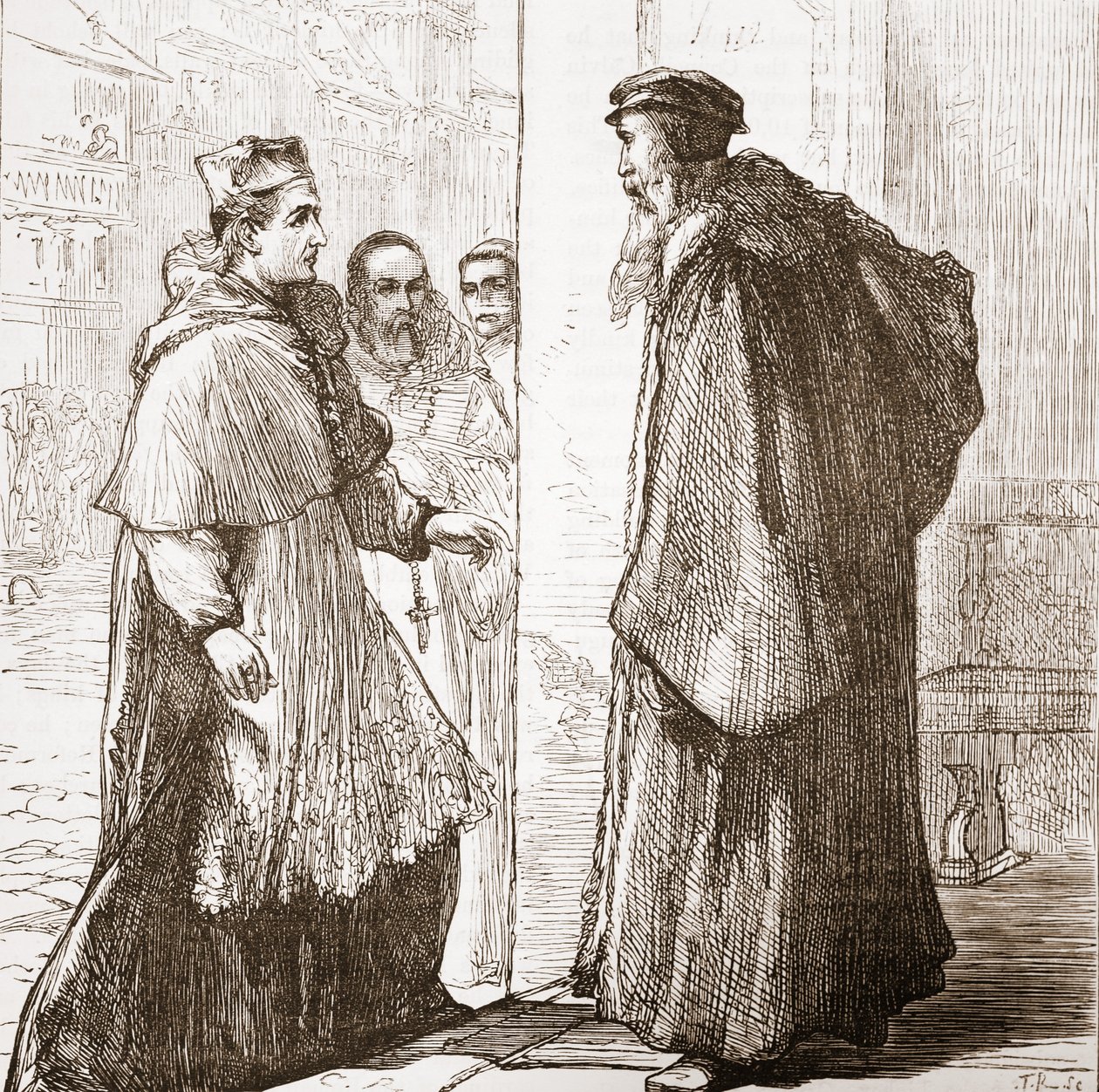Kardinal Sadoleto besøger Calvin, illustration fra The History of Protestantism af James Aitken Wylie (1808-1890), pub. 1878 af English School