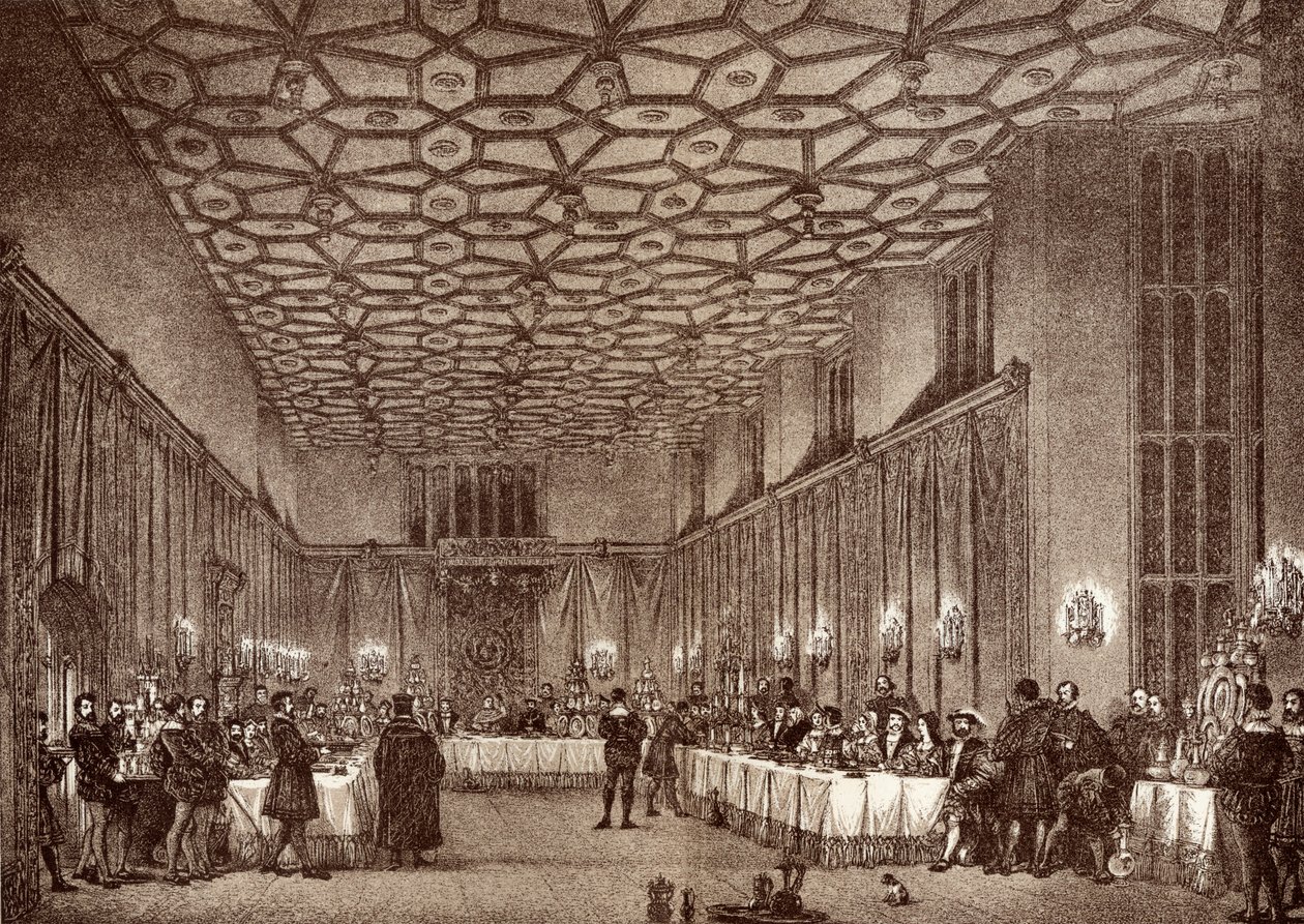 Kardinal Wolsey underholder de franske ambassadører i Hampton Court Palace, fra "History of Hampton Court Palace in Tudor Times" af Ernest Law, udgivet i London 1885 af English School