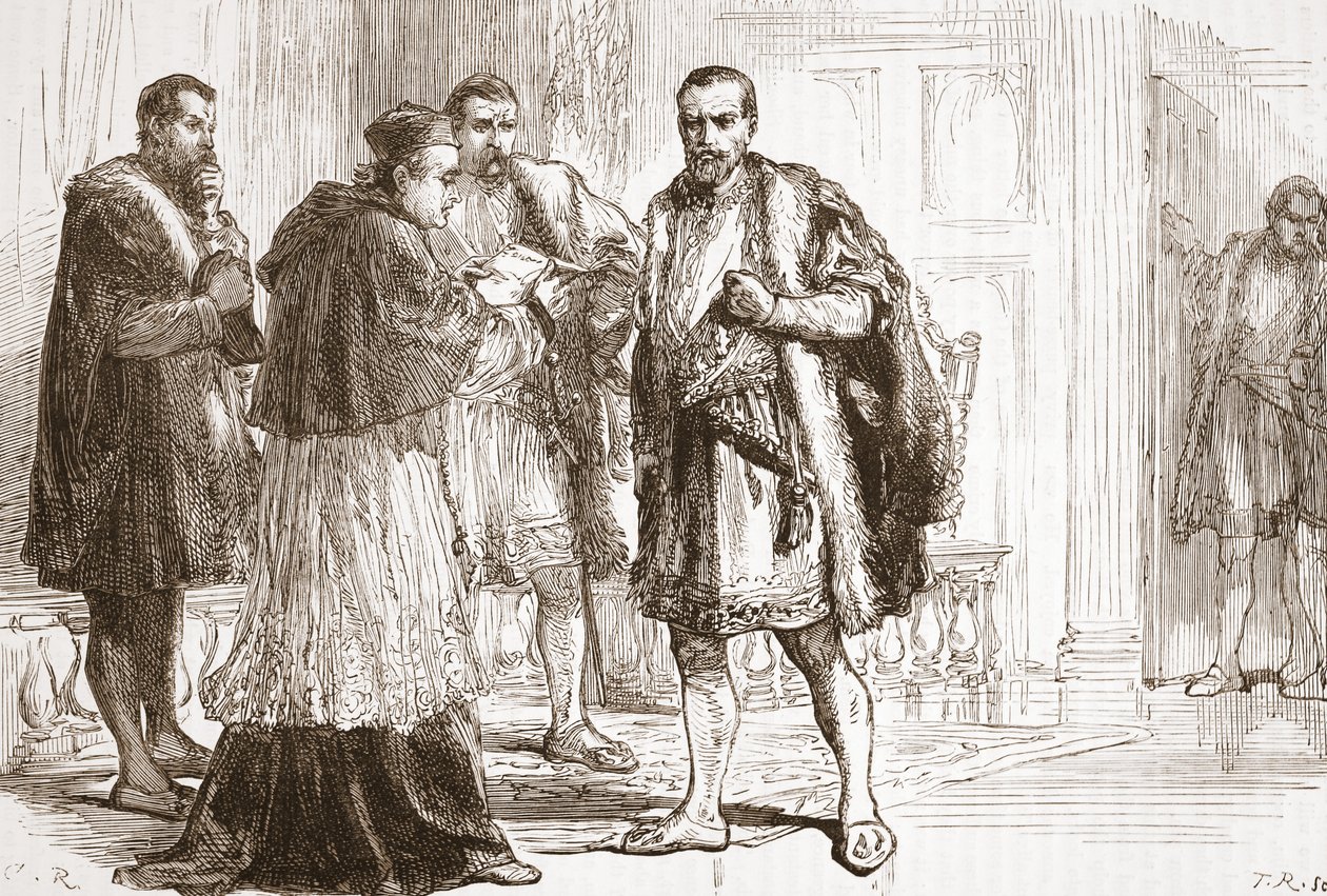 Kardinal de Tournon læser det protestantiske plakat til Francis I, illustration fra The History of Protestantism af James Aitken Wylie (1808-1890), pub. 1878 af English School