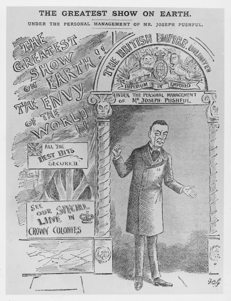 Karikatur af Joseph Chamberlain som kolonialsekretær, ca. 1900 af English School