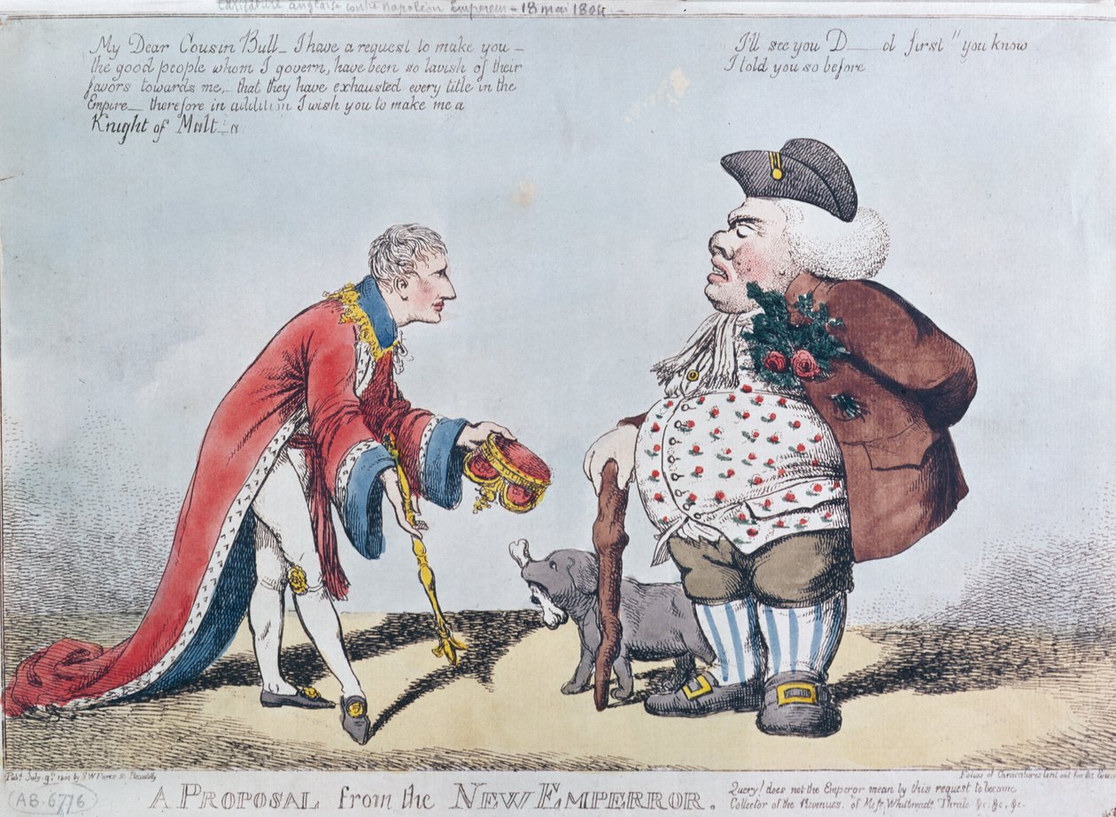 Karikatur, der latterliggør Napoleon på tidspunktet for proklamationen af Napoleon som kejser den 18. maj 1804, 9. juli 1804 af English School