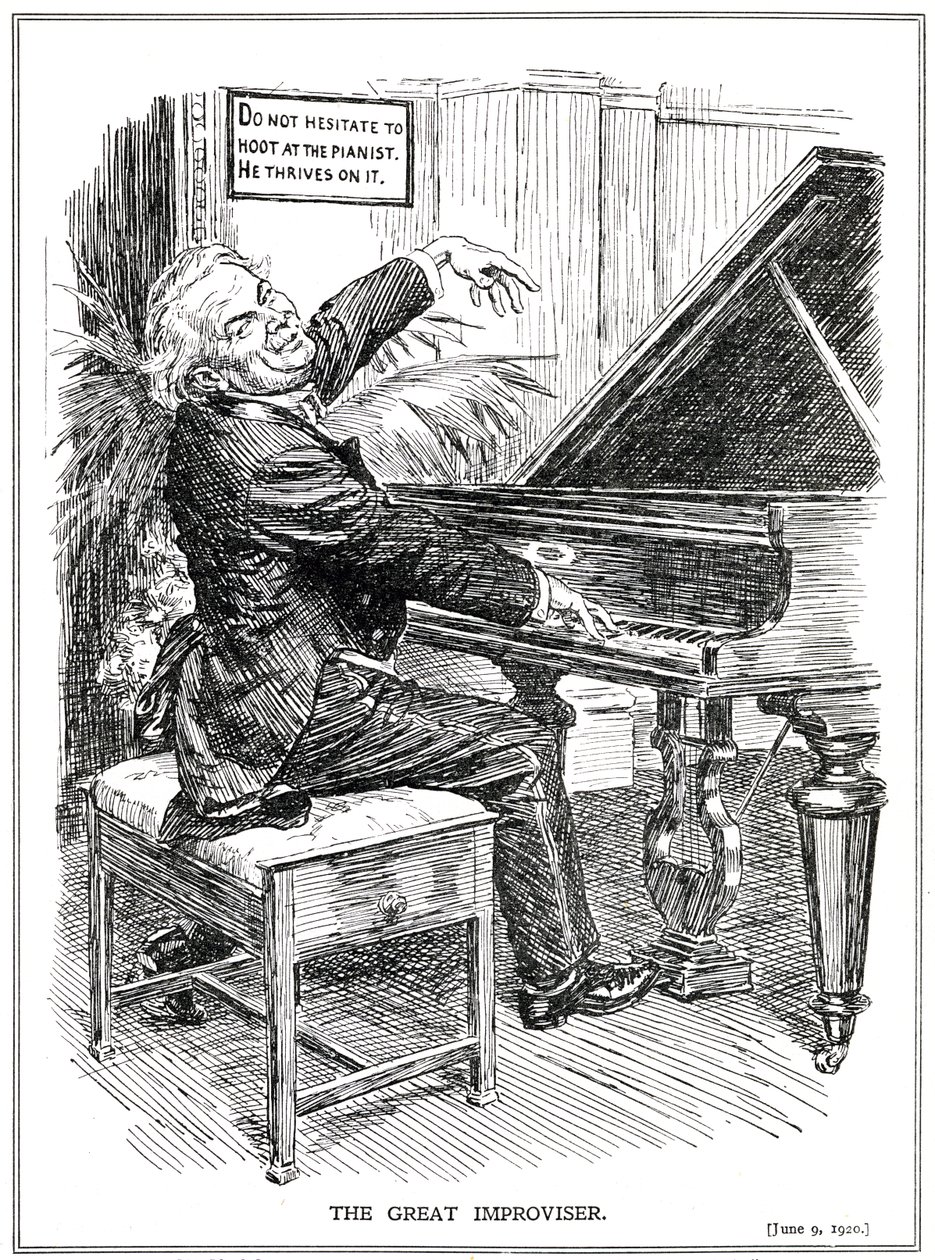 Tegneserie med LLoyd George som den store improvisator eller leder af Improvisa-Tories, juni 1920 af English School