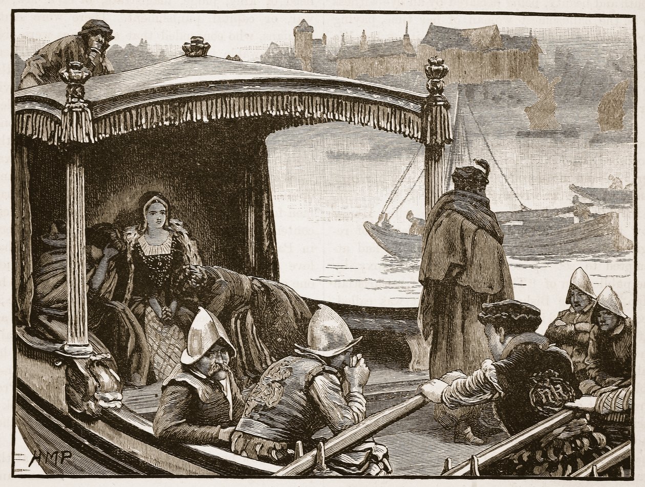 Catherine Howard bliver transporteret til Tower, illustration fra Cassells Illustrated History of England (sepia foto) af English School