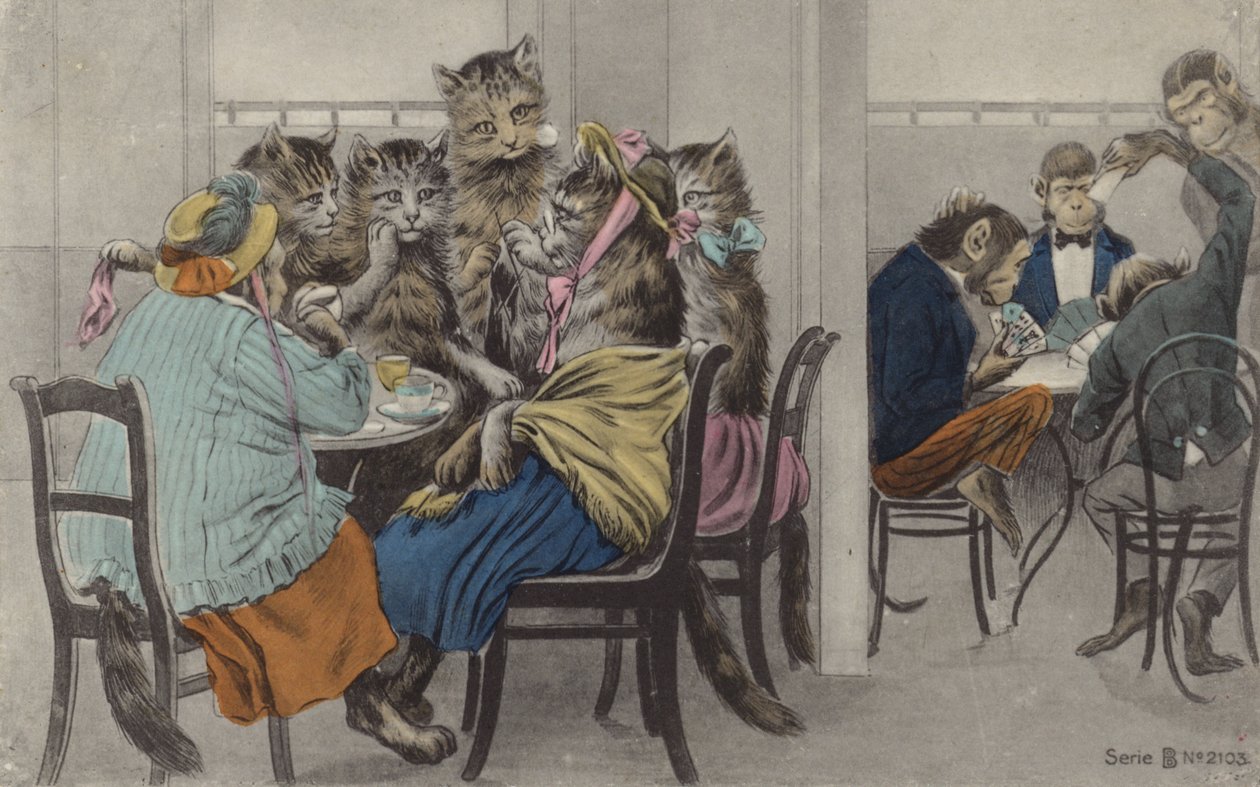 Katte, der drikker te, og aber, der spiller kort (farvelitografi) af English School