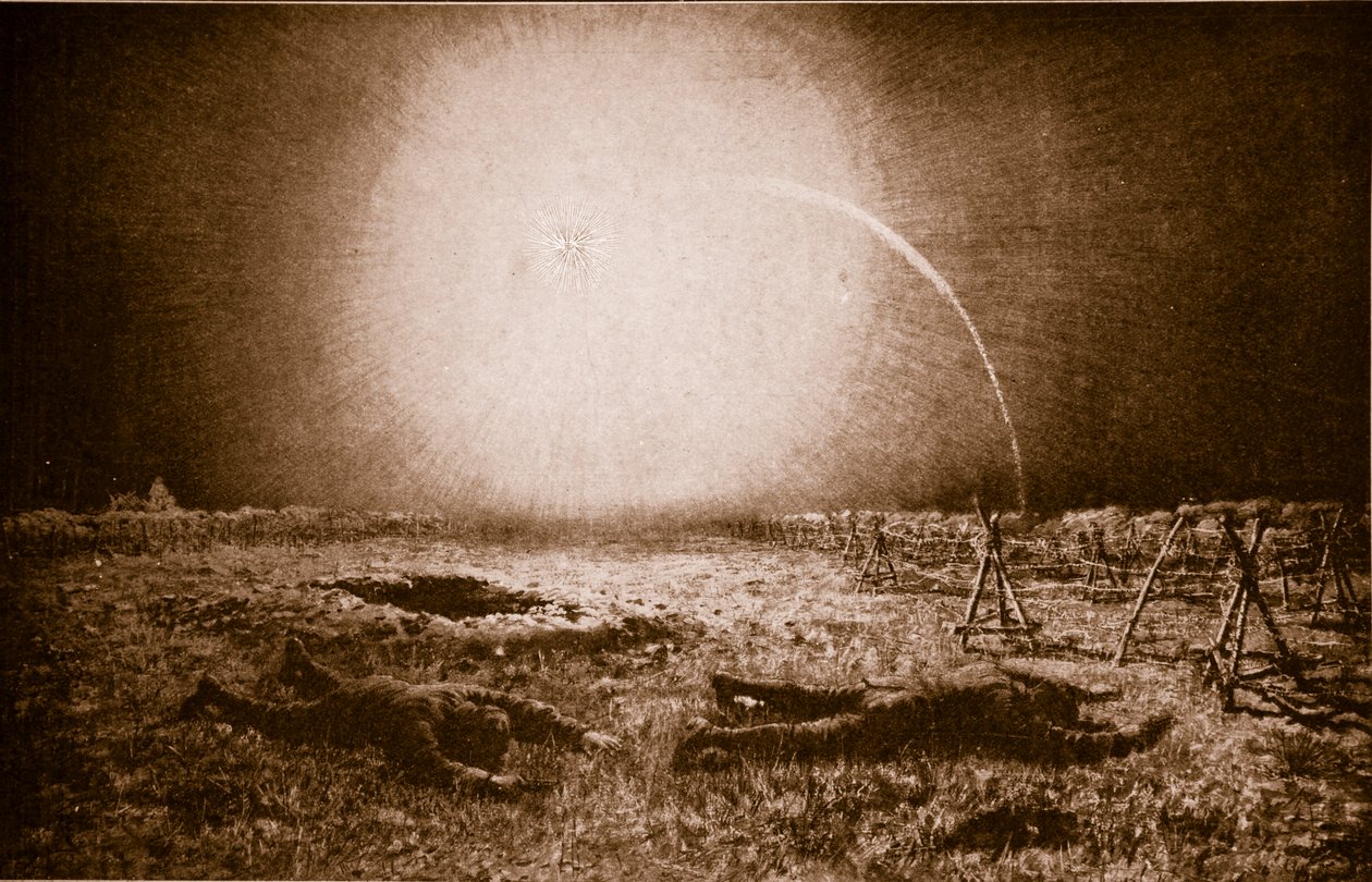 Fanget i skæret fra et tysk lysproducerende projektil: En britisk patrulje i fare mellem skyttegravene, 1914-19 af English School