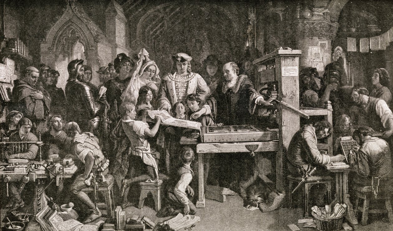 Caxton (ca. 1422-91) viser eksemplarer af hans trykning til kong Edward IV på Almonry i Westminster, 1858 af English School