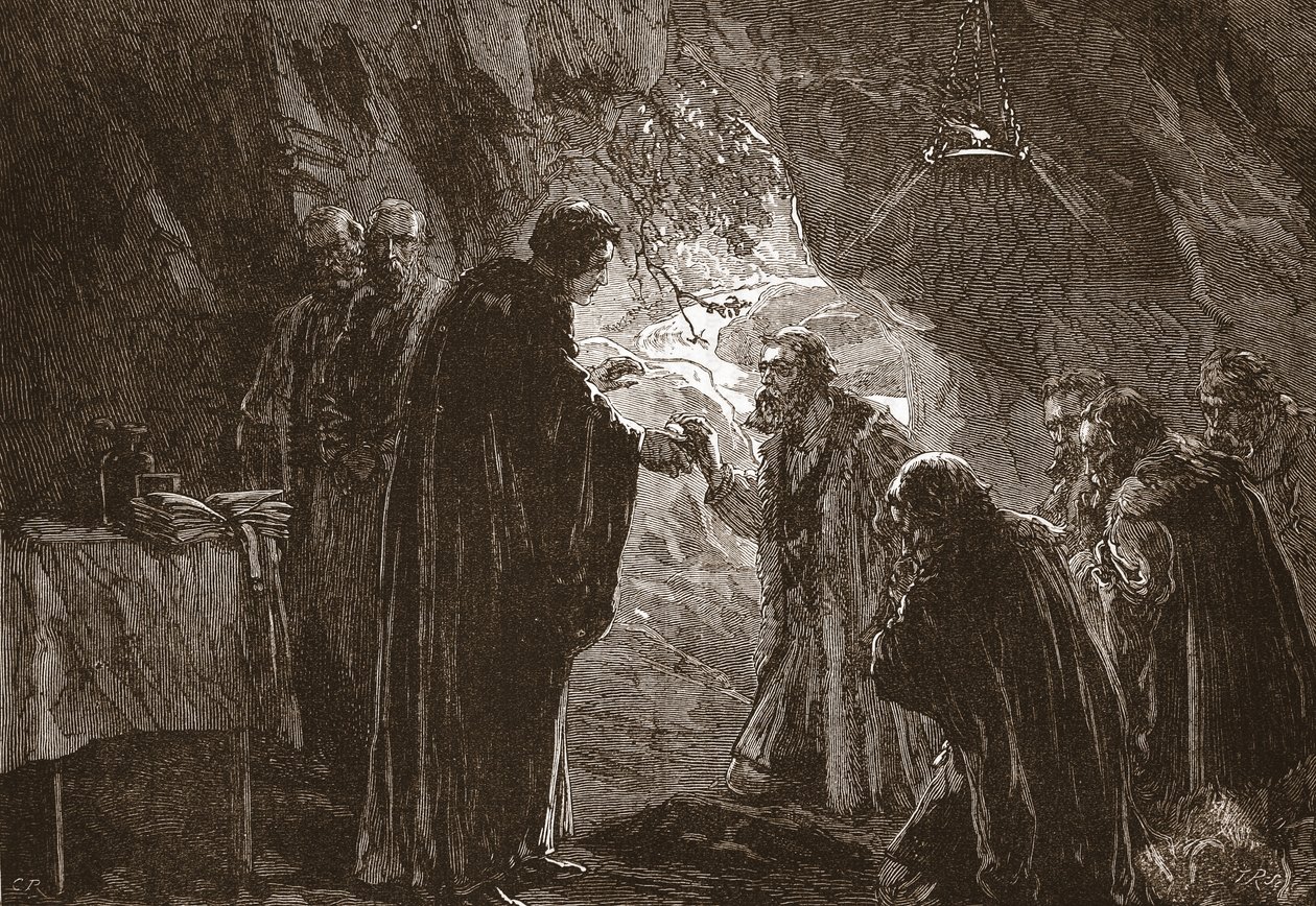 Celebration of the Lords Supper af Calvin og hans andre protestanter i grotten i Poictiers, illustration fra The History of Protestantism af James Aitken Wylie (1808-1890), pub. 1878 af English School