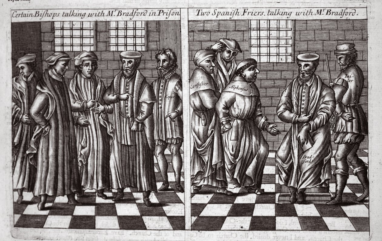 Visse biskopper taler med hr. Bradford i fængslet, og to spanske friere taler med hr. Bradford, illustration fra Acts and Monuments af John Foxe, niende udgave, pub. 1684 af English School