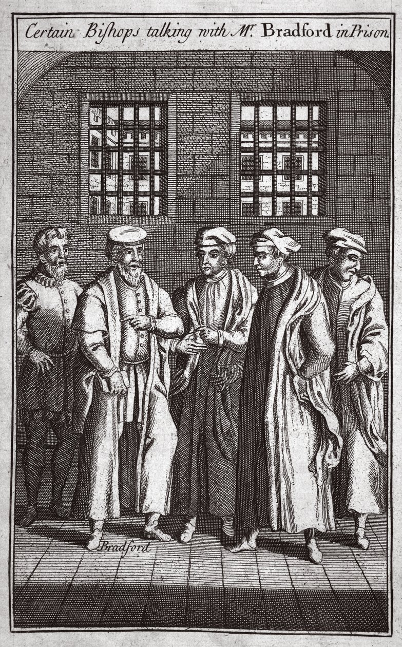 Visse biskopper taler med hr. Bradford i fængslet, illustration fra Foxes Martyrs c.1703 af English School