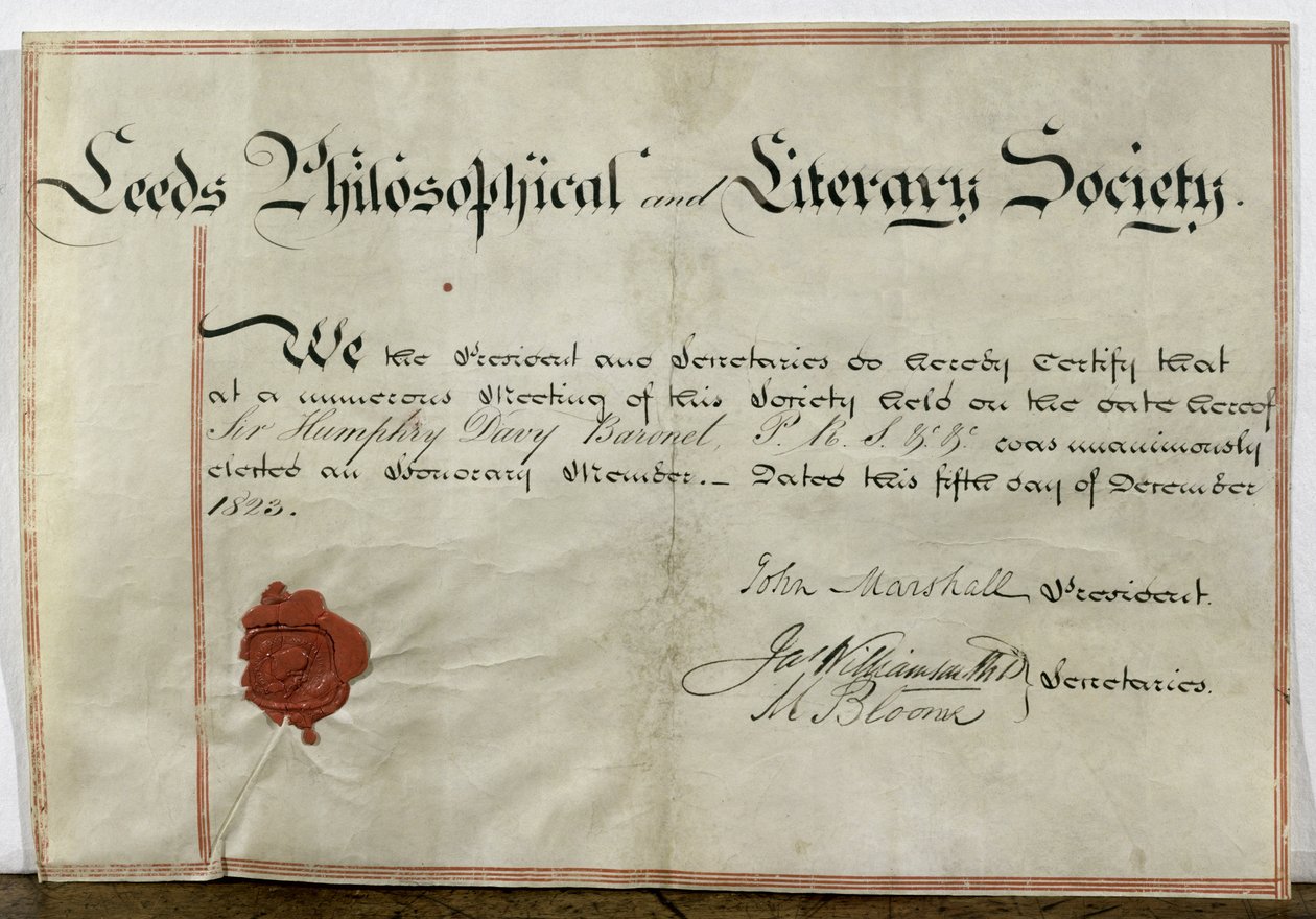 Attest for æresmedlemsskab for Sir Humphry Davy (1778-1829) til Leeds Philosophical and Literary Society, 5. december 1823 af English School