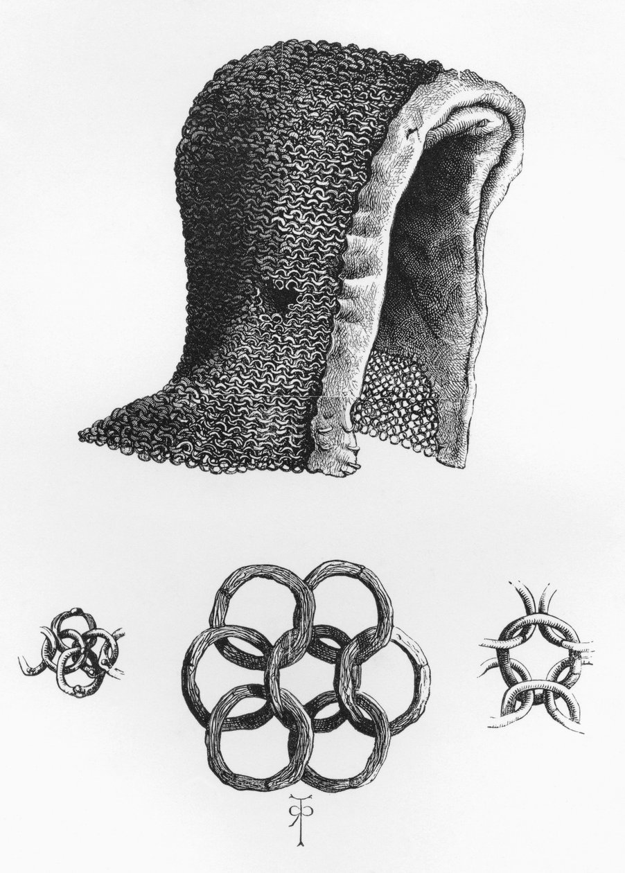 Ringbrynjehætte og eksempel på sammenlåsende ringbrynje, ca. A.D. 1120, fra The British Army: Its Origins, Progress and Equipment, udgivet 1868. af English School