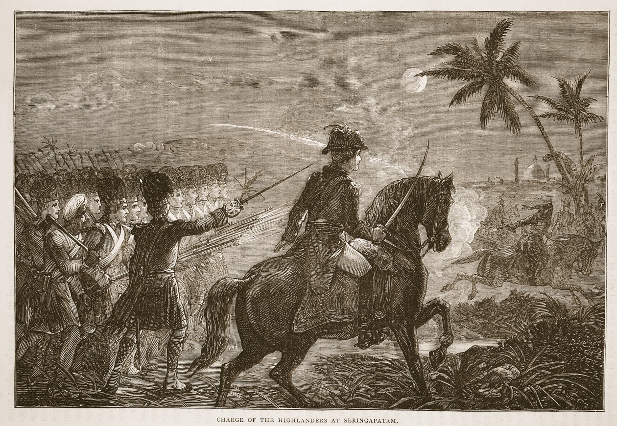 Charge of the Highlanders at Seringapatam, illustration fra Cassells Illustrated History of India af James Grant, pub. 1879 af English School