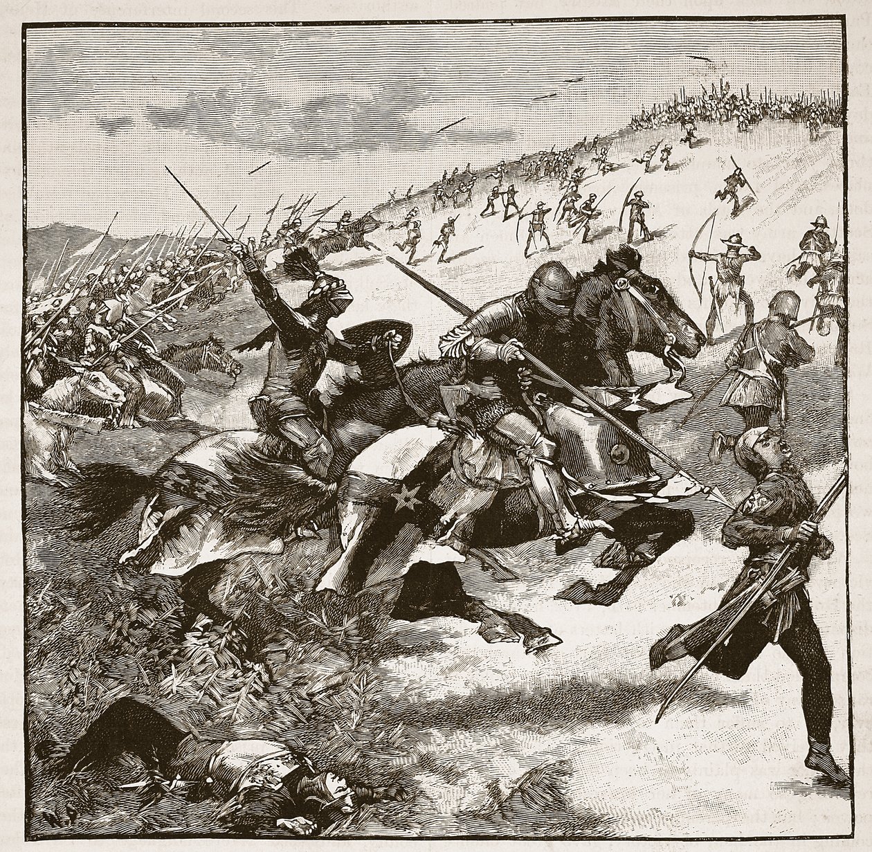 Anklagen for skotterne ved Homildon Hill, illustration fra Cassells Illustrated History of England (sepiafoto) af English School