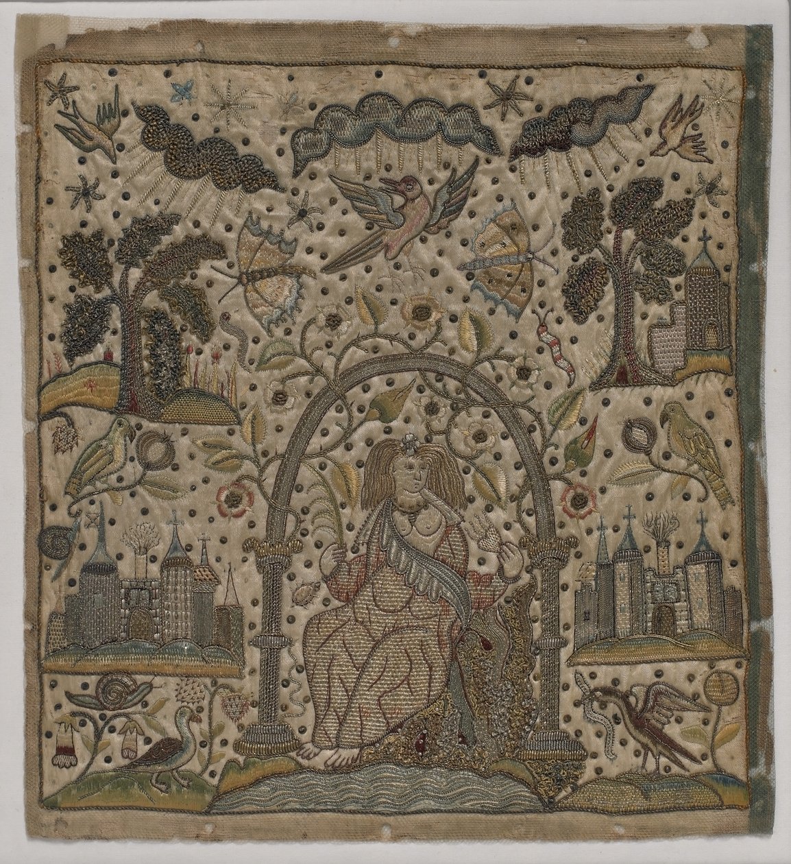 Velgørenhed under en bue, ca. 1640 (silke, metaltråde og spangles på satin) af English School