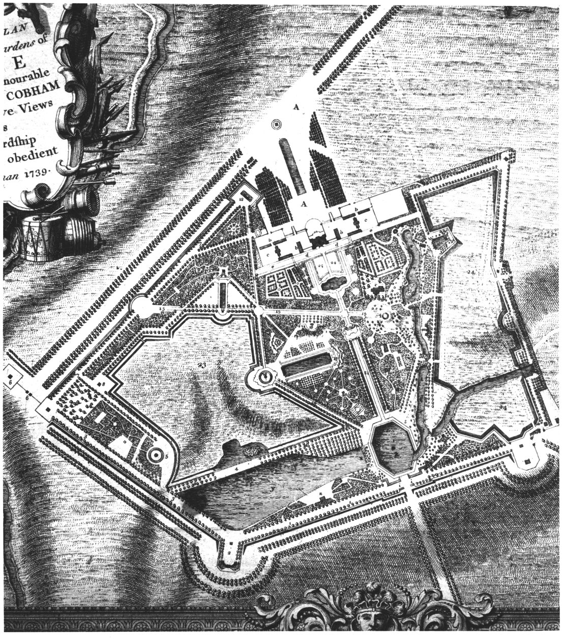 Charles Bridgemans (fl.1713-38) plan for Stowe Gardens, fra en bog om udsigter over Stowe udgivet af Mrs Charles Bridgeman i 1739 (se 140583 for William Kents senere plan) af English School