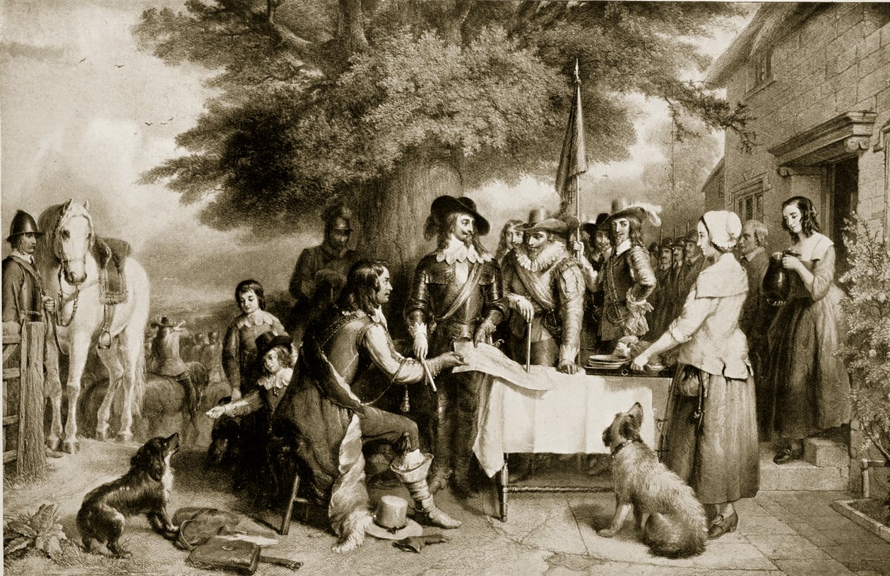 Charles I på tærsklen til slaget ved Edgehill, 22. oktober 1642, illustration fra Hutchinsons Story of the British Nation, ca. 1923 af English School