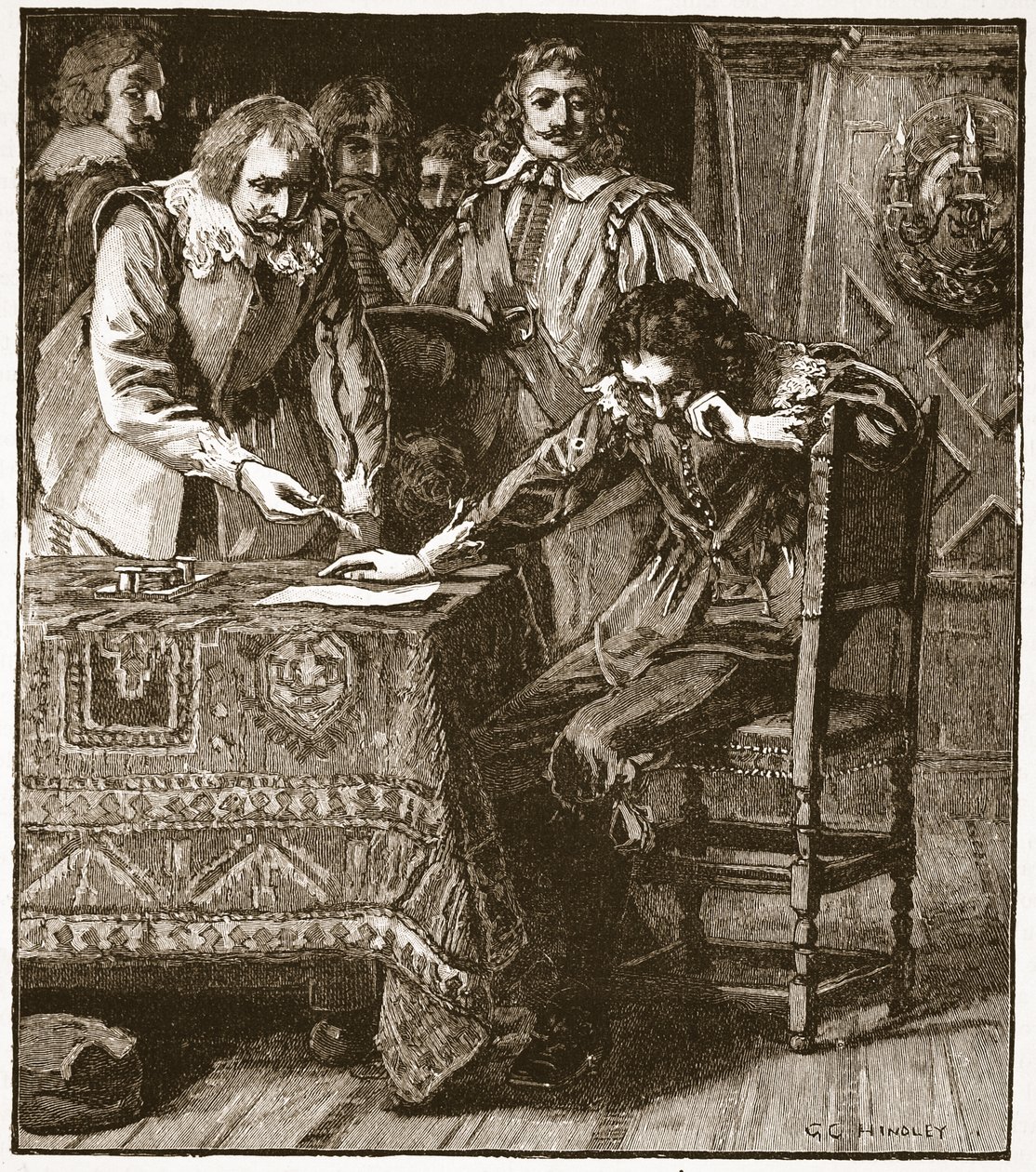 Charles underskriver samtykkekommissionen til Straffords Atainder, illustration fra Cassells Illustrated History of England (sepia-foto) af English School