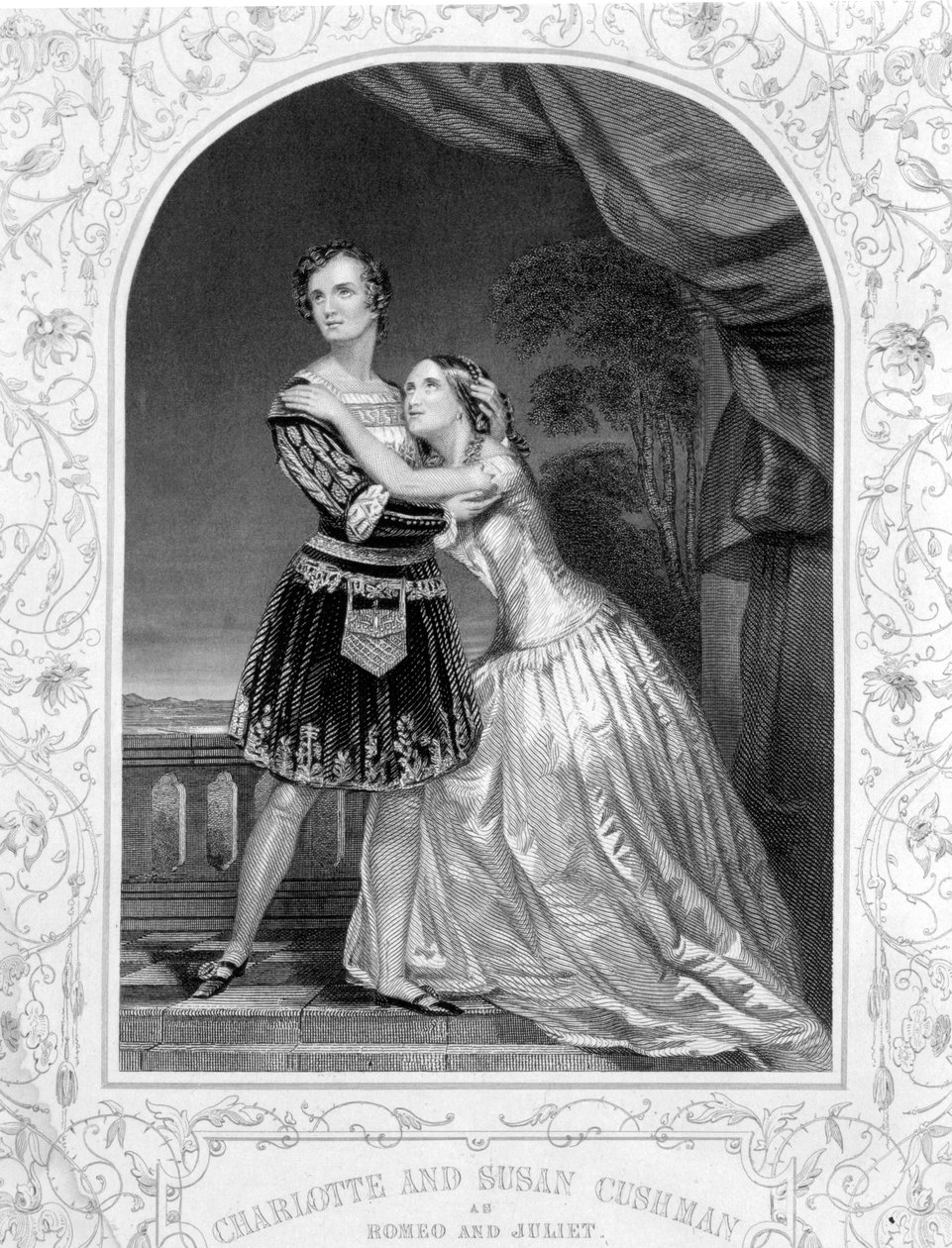 Charlotte og Susan Cushman som Romeo og Julie, akt III Scene 5 af Romeo og Julie, fra en daguerreotypi, pub. af John Tallis & Co. af English School