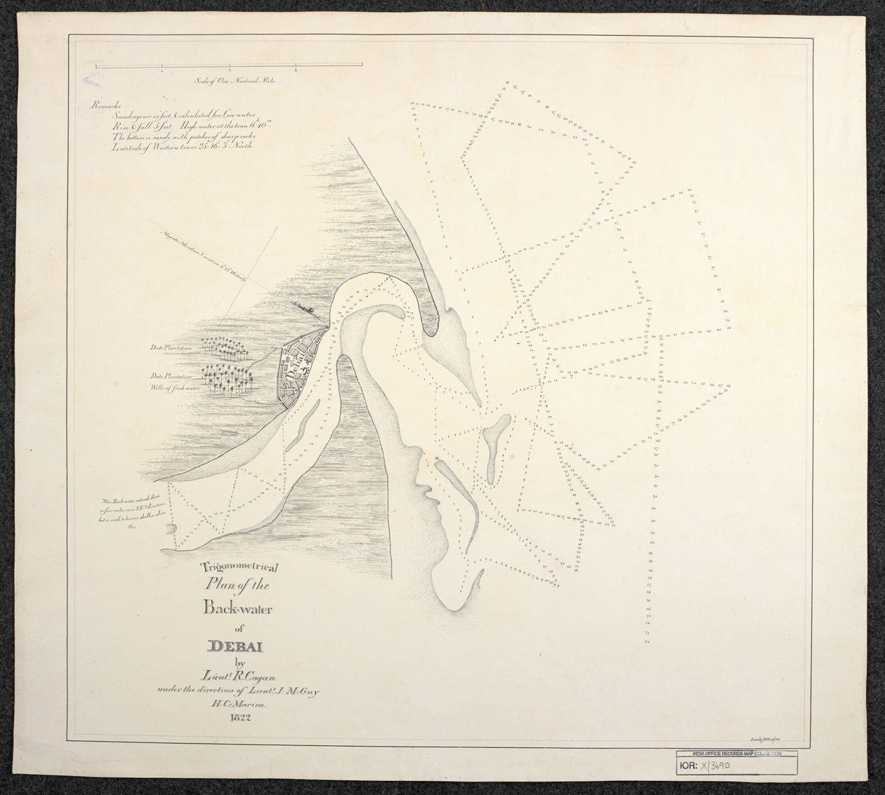 Kort over Dubai i 1822 af skibsinspektører fra det engelske East India Company med titlen Trigonometrical Plan of the Back-water of Debai af Lieut. R. Cogan under ledelse af Lieut. J. M. Guy, H. C. Marine. af English School