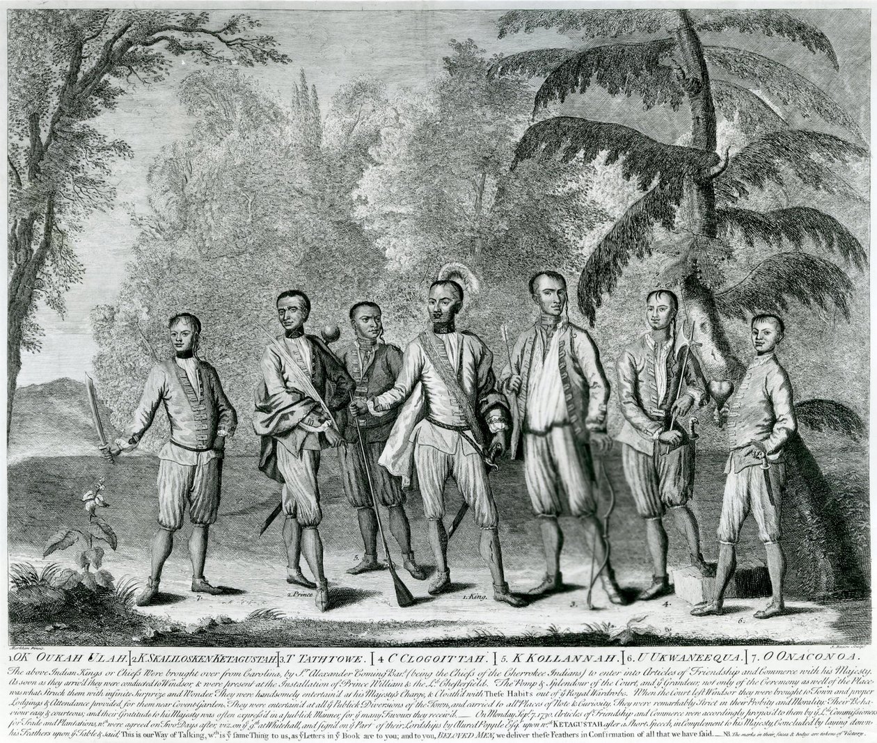 Cherokee Chiefs fra Carolina, ca. 1730 (gravering) af English School