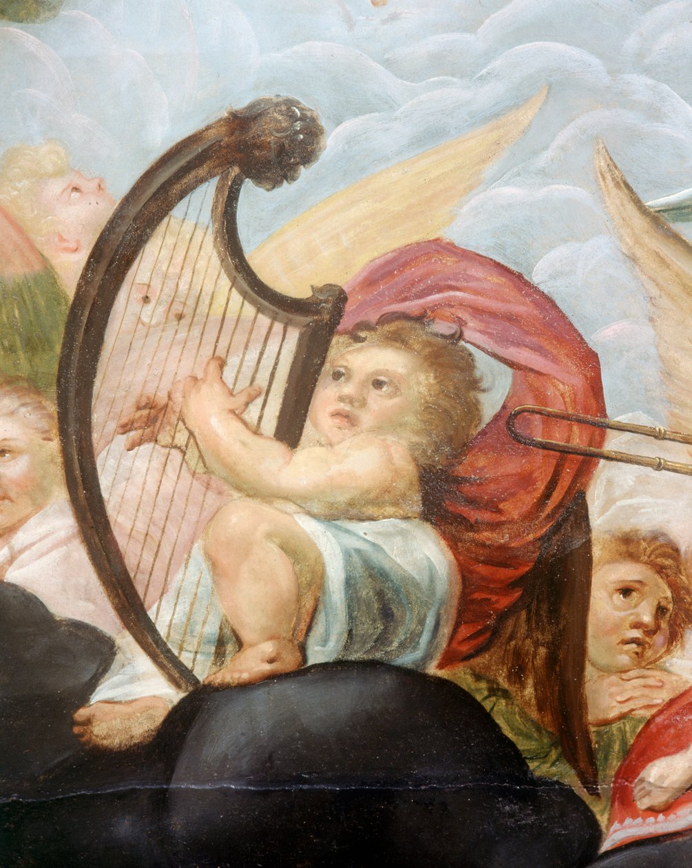 Cherub spiller på en harpe, detalje af loftsvægmaleriet i himlens værelse (olie på lærred) af English School