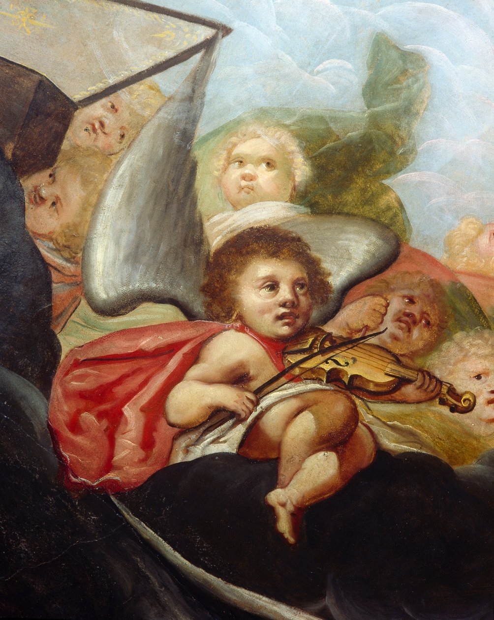 Cherub spiller en viol, detalje af loftet vægmaleri i himlen værelse (olie på lærred) af English School