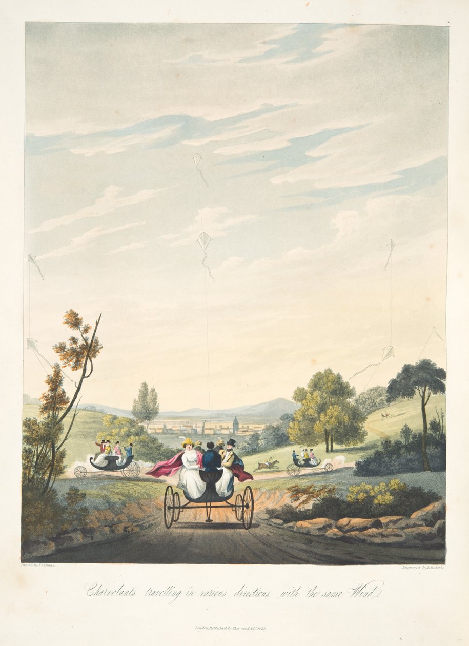 Chervolenter, der rejser i forskellige retninger med den samme vind, fra "The Aeropleustic Art, or Navigation in the Air, by the Use of Kites, or Buoyant Sails, pub. 1827 (håndfarvet akvatint) af English School