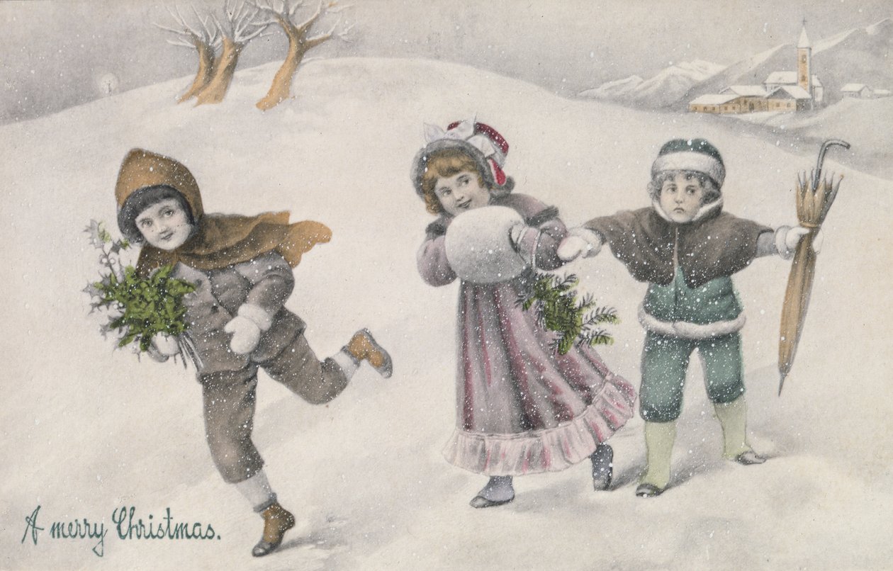 Børn i sneen, victoriansk postkort (print) af English School