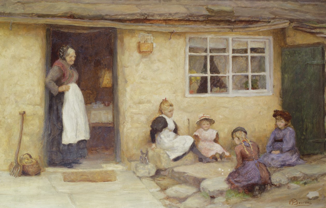 Børn, der spiller terninger ved et sommerhus af English School
