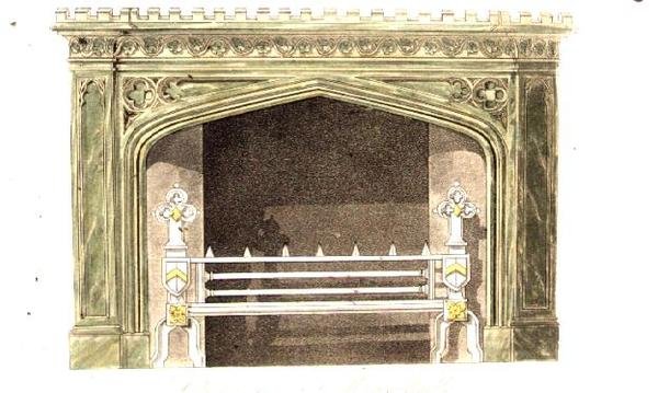 Skorstensstykke af Mona-marmor, plade 94 fra Ackermanns Kunstdepot, udgivet 1817 (farve litho) af English School