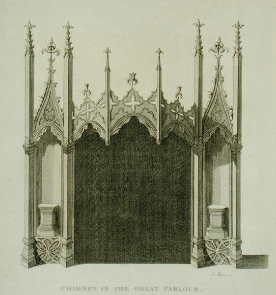 Skorsten i den store stue i Strawberry Hill, graveret af T. Morris, fra 