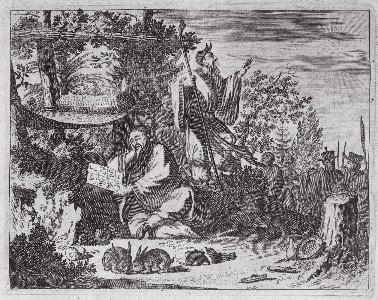 Kinesiske hellige mænd, illustration fra en beskrivelse af ambassader til Kina, 1690 af English School