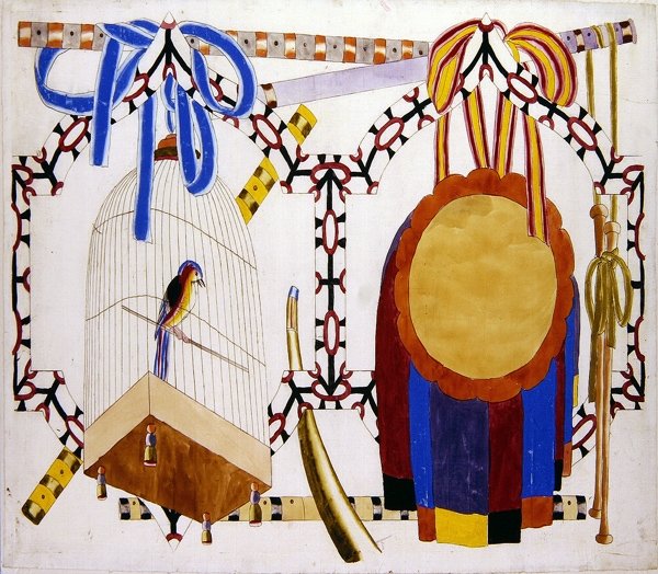 Chinoiserie-design med fuglebur og musikinstrumenter (akvarel over trykt omrids på papir) af English School