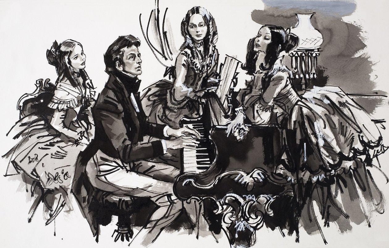 Chopin med kvindelige beundrere (gouache på papir) af English School