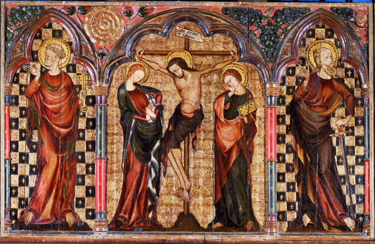 Kristus omgivet af Sankt Maria og Sankt Johannes Døber, fra korsfæstelsesalterets midterstykke (tempera på træ) af English School