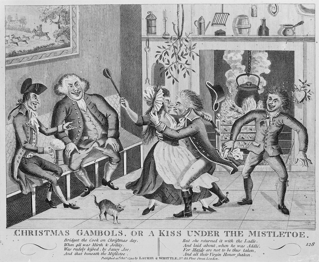 Christmas Gambols, or a Kiss Under the Mistelten, 1794 (gravering) af English School