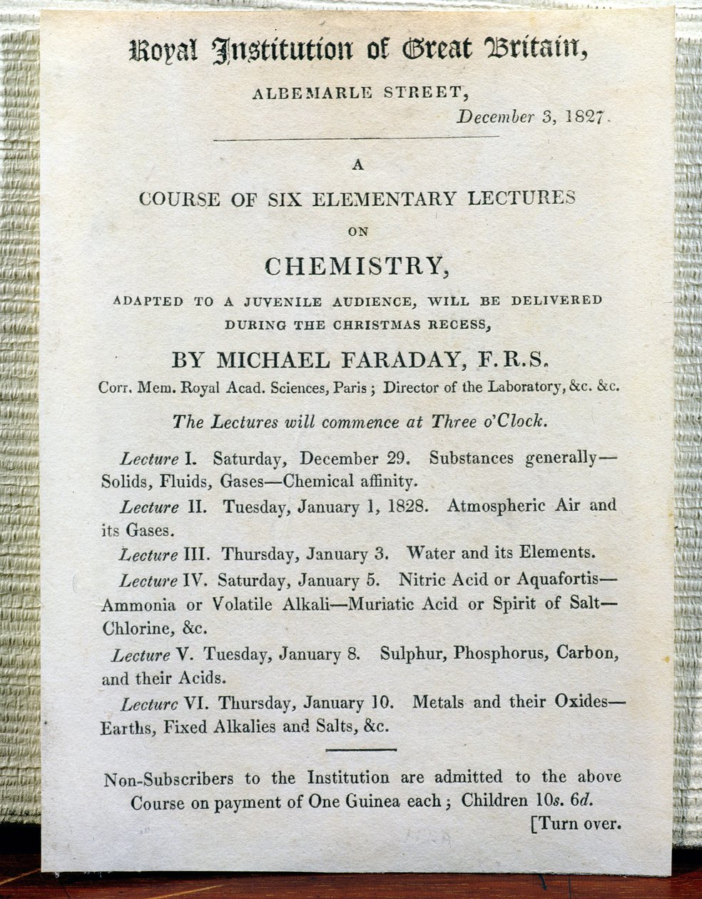 Julebrev for seks elementære forelæsninger om kemi af Michael Faraday (1778-1829) 3. december 1827 af English School