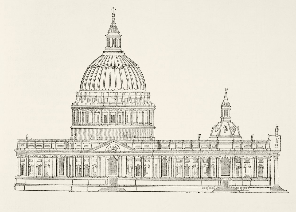 Christopher Wrens første design til den nye St. Pauls Cathedral efter den store brand i London, fra The National and Domestic History of England af William Hickman Smith Aubrey (1858-1916) udgivet L af English School