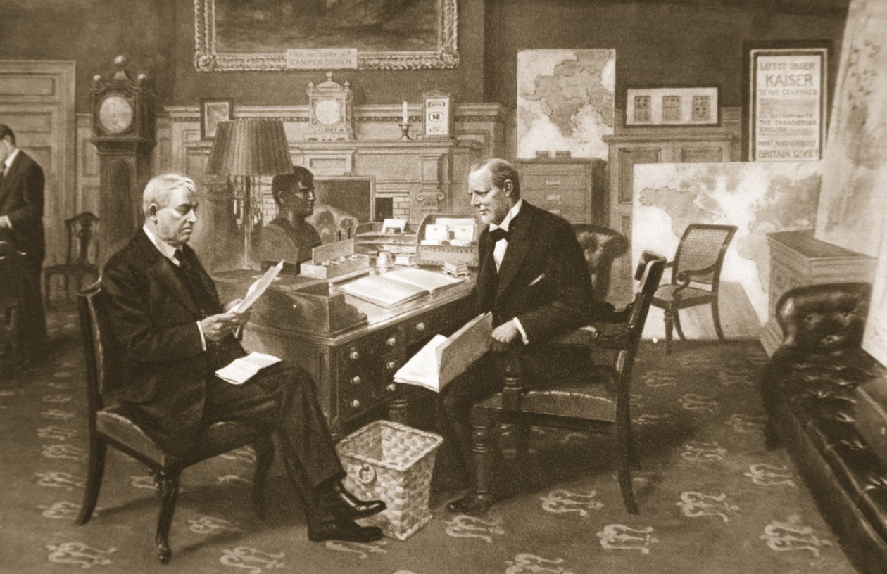 Churchill og Fisher på arbejde: den første herre på sit værelse i Admiralitetet med den første søherre, fra The Illustrated War News, 1915 af English School